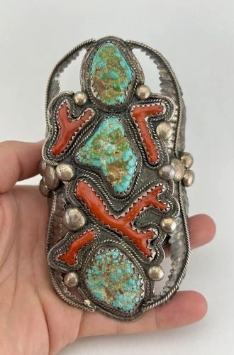 5.25" DAN SIMPLICIO ZUNI STERLING SILVER TURQUOISE & CORAL CUFF BRACELET 241.5G: 5.25" DAN SIMPLICIO ZUNI STERLING SILVER TURQUOISE & CORAL CUFF BRACELET 241.5G HUGE Important 5.25" Dan Simplicio Zuni Sterling Silver Turquoise & Coral Cuff Bracelet 241.5g Cuff is 6 7/8" tip to Tip