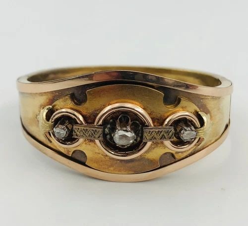 VICTORIAN FRENCH ETRUSCAN 14K GOLD & ROSE CUT DIAMOND HINGED BANGLE BRACELET: VICTORIAN FRENCH ETRUSCAN 14K GOLD & ROSE CUT DIAMOND HINGED BANGLE BRACELET Victorian French Etruscan 14k Gold & Rose Cut Diamond Hinged Bangle Bracelet Wearable Length is Around 6.5" Bracelet Openin