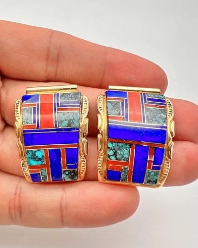 N WALLEY NAVAJO 14K YELLOW GOLD SPIDERWEB TURQUOISE CORAL LAPIS WATCH TIPS 21.7G (1 of 1)