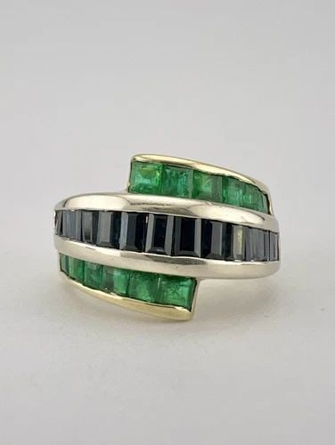 14K YELLOW GOLD EMERALD & SAPPHIRE BAGUETTE PRINCESS CUT CHANNEL SET BYPASS RING (1 of 1)
