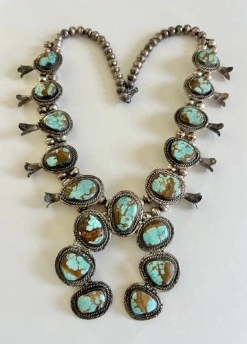 VTG NAVAJO STERLING SILVER WEBBED ROYSTON TURQUOISE SQUASH BLOSSOM NECKLACE 25": Vtg Navajo Sterling Silver Webbed Royston Turquoise Squash Blossom Necklace 25" This Amazing necklace features huge specimens of Natural High-Grade Royston Turquoise, secure in a Smooth bezel, and fra