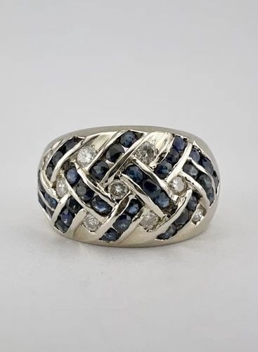 DESIGNER 14K WHITE GOLD CHANNEL SET SAPPHIRE & DIAMOND WOVEN DESIGN DOME RING (1 of 1)