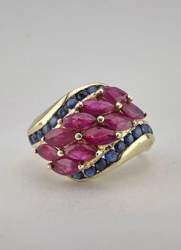 DESIGNER 14K YELLOW GOLD BLUE SAPPHIRE & RUBY BYPASS RING (1 of 1)