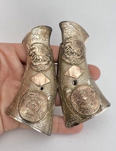 ANTIQUE TAXCO MEXICO STERLING SILVER & GOLD SMITH & WESSON K FRAME GRIPS W/ CASE (1 of 1)