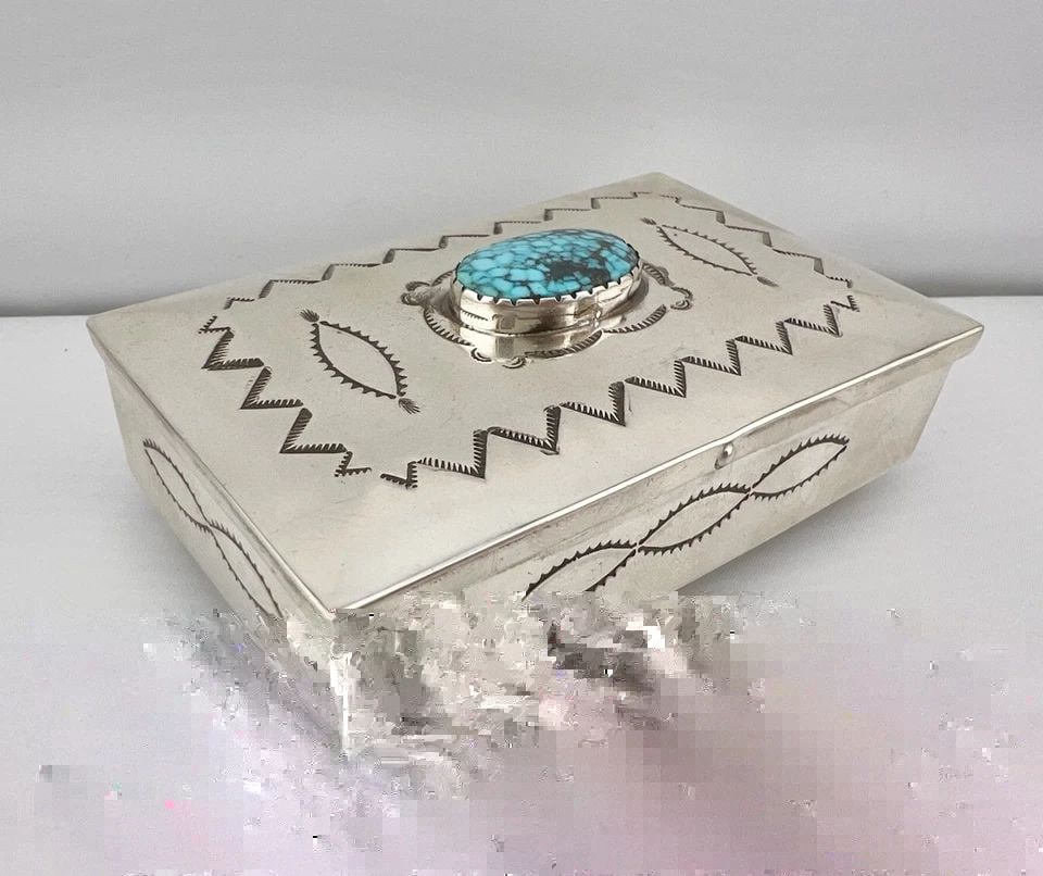FRED HARVEY NAVAJO SPIDERWEB TURQUOISE STERLING SILVER STAMPED BOX 3 5/8"-112.9G (1 of 2)