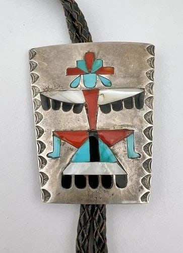 EARLY FRANK VACIT ATTRIBUTED ZUNI STERLING SILVER FLUSH KNIFEWING BOLO TIE (1 of 1)