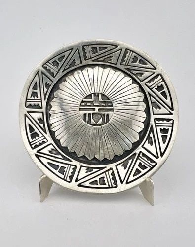 RARE VTG NAVAJO STERLING SILVER DETAILED SUNFACE OVERLAY 2 5/8" PLATE & STAND #2 (1 of 1)