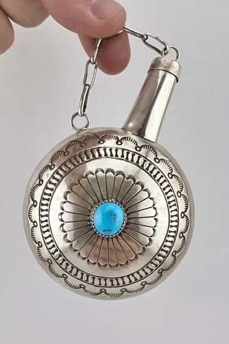 VTG NAVAJO STERLING SILVER STAMPED TURQUOISE TOBACCO FLASK CANTEEN 65.5G - 4.25" (1 of 1)