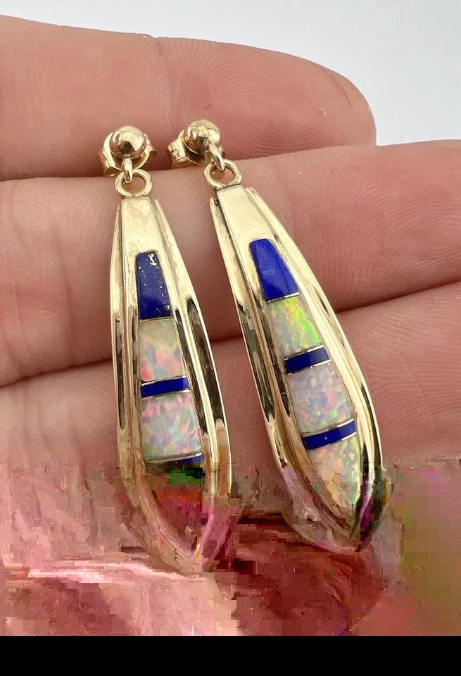 VTG NAVAJO 14K YELLOW GOLD FLUSH FIRE OPAL & LAPIS INLAY DANGLE POST EARRINGS: VTG NAVAJO 14K YELLOW GOLD FLUSH FIRE OPAL & LAPIS INLAY DANGLE POST EARRINGS Vtg Navajo 14k Yellow Gold Flush Fire Opal & Lapis Inlay Dangle Post Earrings Size: 1 5/8" Tall & Just Under 1/2" Wide Wei