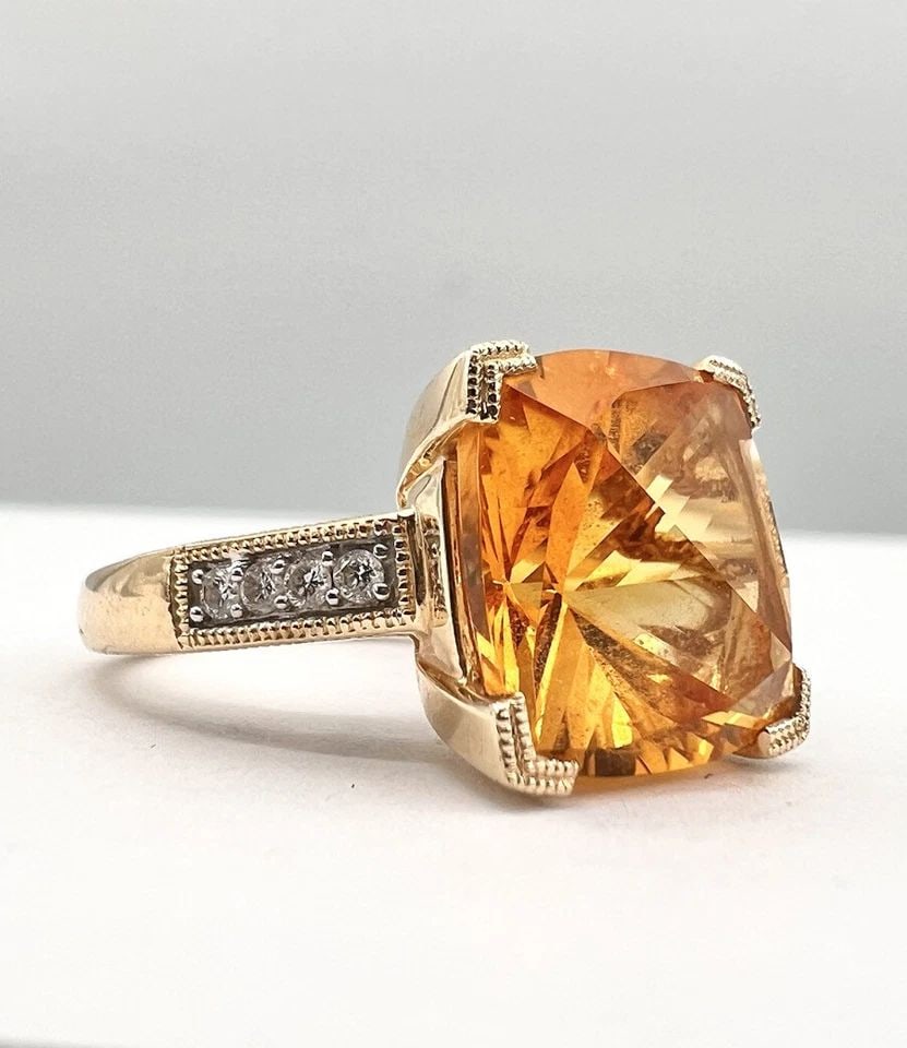 DESIGNER 14K YELLOW GOLD 7.00CT FANCY CUSHION CUT CITRINE & PAVE DIAMONDS RING: DESIGNER 14K YELLOW GOLD 7.00CT FANCY CUSHION CUT CITRINE & PAVE DIAMONDS RING Designer 14k Yellow Gold 7.00ct Fancy Cushion Cut Citrine & Pave Diamonds Ring Size: 7- Can be Resized With Out Damage We