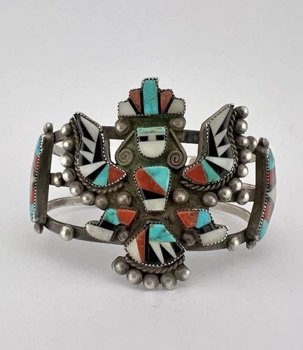 EARLY ZUNI KNIFEWING MULTI GEMSTONE FLUSH INLAY WIDE CUFF BRACELET: EARLY ZUNI KNIFEWING MULTI GEMSTONE FLUSH INLAY WIDE CUFF BRACELET Early Zuni Knifewing Multi Gemstone Flush Inlay Wide Cuff Bracelet Cuff is Just Under 5 3/4" tip to Tip and has a 1 1/8" Wide Adjusta