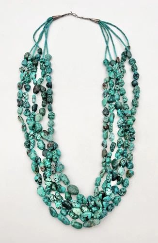VTG SANTO DOMINGO KEWA KINGMAN TURQUOISE HEISHI 5 STRAND STERLING NECKLACE 30": VTG SANTO DOMINGO KEWA KINGMAN TURQUOISE HEISHI 5 STRAND STERLING NECKLACE 30" Vtg Santo Domingo Kewa Kingman Turquoise Heishi 5 Strand Sterling Necklace 30" The Stones are From 8mm to 11.5mm Wide Nec