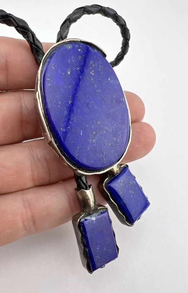 VTG NAVAJO STERLING SILVER NATURAL LAPIS LAZULI HANDMADE BOLO TIE 1 7/8"-68.1G (1 of 1)