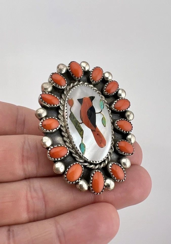 HUGE ROLAND HOGAN BEGAY NAVAJO STERLING SILVER CORAL CARDINAL BIRD CLUSTER RING: HUGE Vintage Roland Hogan Begay Navajo Sterling Silver Coral & Multi Gemstone Cardinal Bird Cluster Ring Ring Size: 8.75 - 9 Range Weight is 24.0 Grams on my scale Test Positive For Sterling Silver Ri