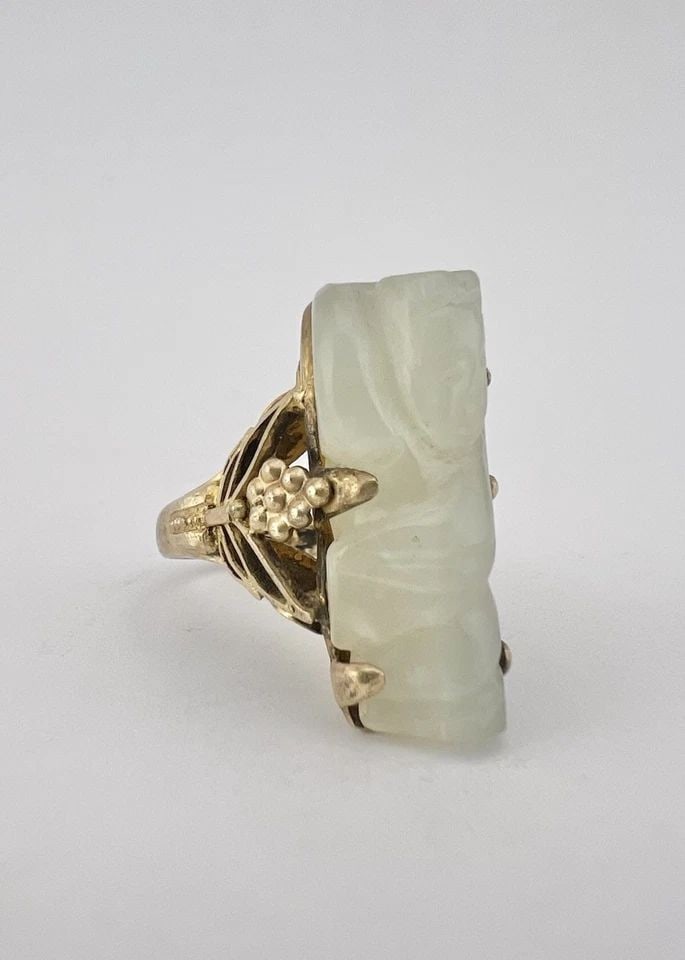 ANTIQUE CHINESE EXPORT GILT SILVER CARVED TRANSLUCENT WHITE JADE GODDESS RING (1 of 2)
