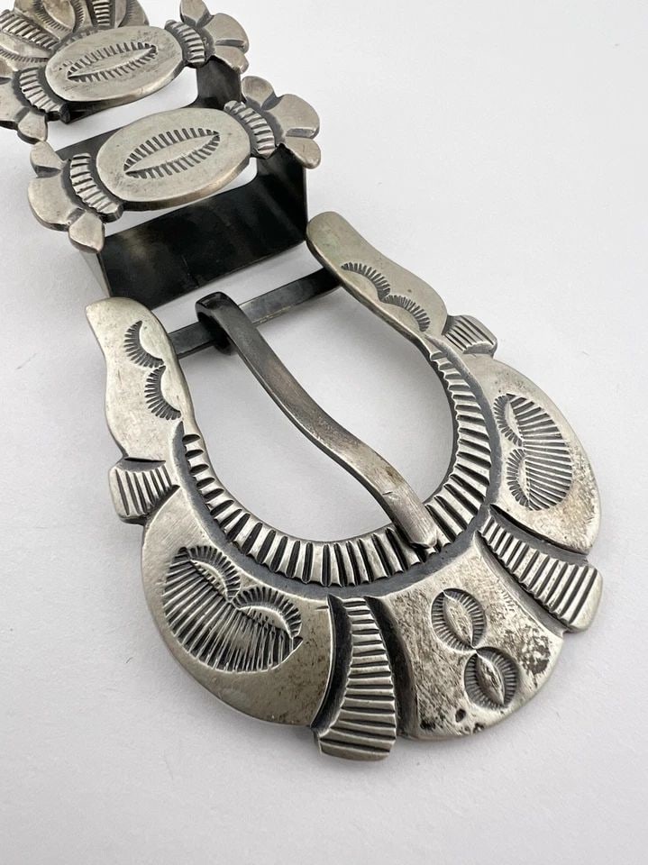 HARRY MORGAN NAVAJO STERLING SILVER STAMPED OVERLAY 4 PIECE RANGER BELT BUCKLE: HARRY MORGAN NAVAJO STERLING SILVER STAMPED OVERLAY 4 PIECE RANGER BELT BUCKLE Harry Morgan Navajo Sterling Silver Stamped Overlay 4 Piece Ranger Belt Buckle Buckle Size: 1 7/8" Tall By 2 1/4" Wide Sl