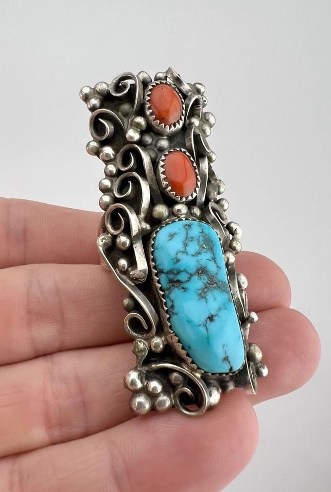 HUGE 2.5" VTG NAVAJO STERLING SILVER SLEEPING BEAUTY TURQUOISE CORAL RING 31.7G: HUGE 2.5" VTG NAVAJO STERLING SILVER SLEEPING BEAUTY TURQUOISE CORAL RING 31.7G HUGE 2.5" Vtg Navajo Sterling Silver Sleeping Beauty Turquoise Coral Ring 31.7g Ring Size: 11 - Can Be Resized Weight is