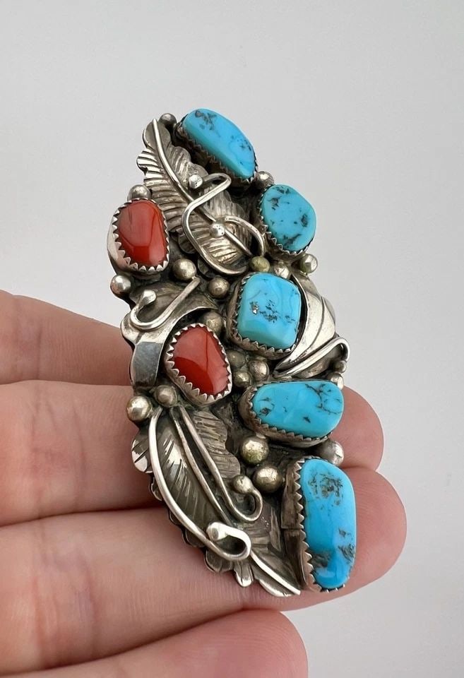 HUGE 2.75" VTG NAVAJO STERLING SILVER SLEEPING BEAUTY TURQUOISE CORAL RING 32.9G (1 of 2)