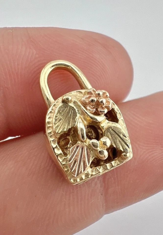 HARLEY DAVIDSON MOTORCYCLES BLACK HILLS GOLD 10K DOUBLE SIDED PADLOCK PENDANT: HARLEY DAVIDSON MOTORCYCLES BLACK HILLS GOLD 10K DOUBLE SIDED PADLOCK PENDANT Harley Davidson Motorcycles Black Hills Gold 10K Double Sided Padlock Pendant Size: Almost 3/4" Tall By About 1/2" Wide & 