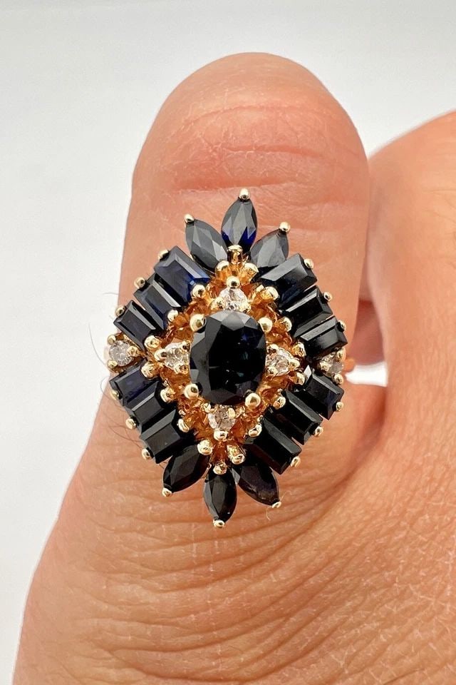 DESIGNER 14K YELLOW GOLD MARQUISE & BAGUETTE SAPPHIRE & DIAMOND CLUSTER RING: DESIGNER 14K YELLOW GOLD MARQUISE & BAGUETTE SAPPHIRE & DIAMOND CLUSTER RING Designer 14K Yellow Gold Marquise & Baguette Sapphire & Diamond Cluster Ring Size: 7.25 - Can be Resized With Out Damage We