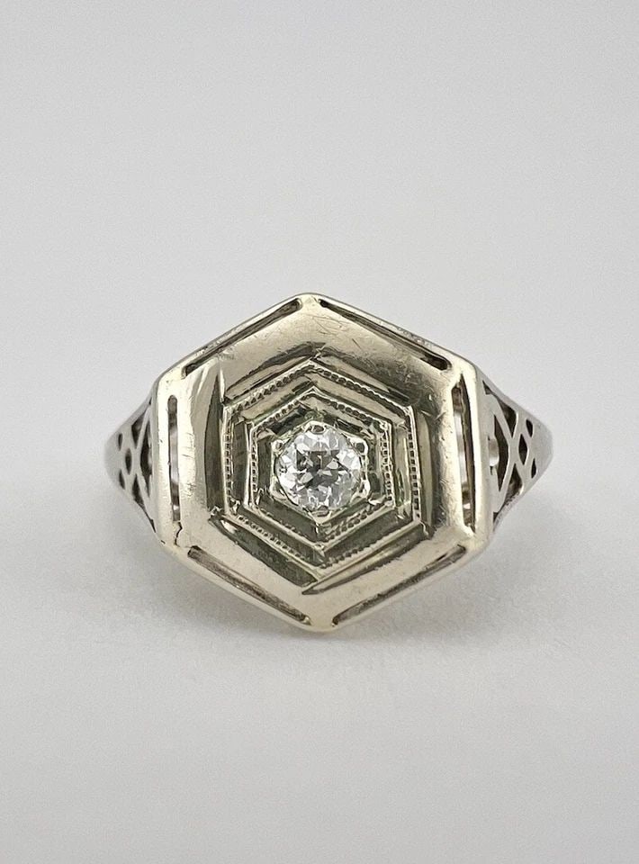 ANTIQUE ART DECO 14K WHITE GOLD OLD EUROPEAN CUT DIAMOND FILIGREE RING (1 of 1)