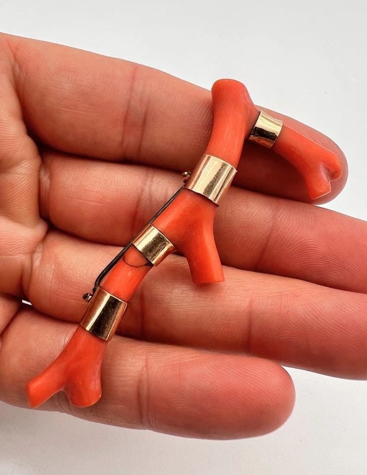 ANTIQUE VICTORIAN 14K YELLOW GOLD SALMON CORAL BRANCH BROOCH PIN 2.75": ANTIQUE VICTORIAN 14K YELLOW GOLD SALMON CORAL BRANCH BROOCH PIN 2.75" Antique Victorian 14K Yellow Gold Salmon Coral Branch Brooch Pin 2.75" Size: 2.75" Wide By 1 1/8" Tall Metal: 14k Yellow Gold - H