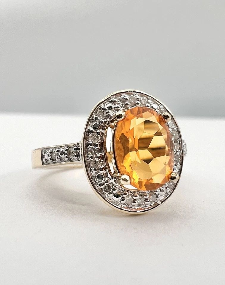 14K YELLOW GOLD NATURAL 1.25CT MANDARIN ORANGE CITRINE & PAVE DIAMOND HALO RING (1 of 1)