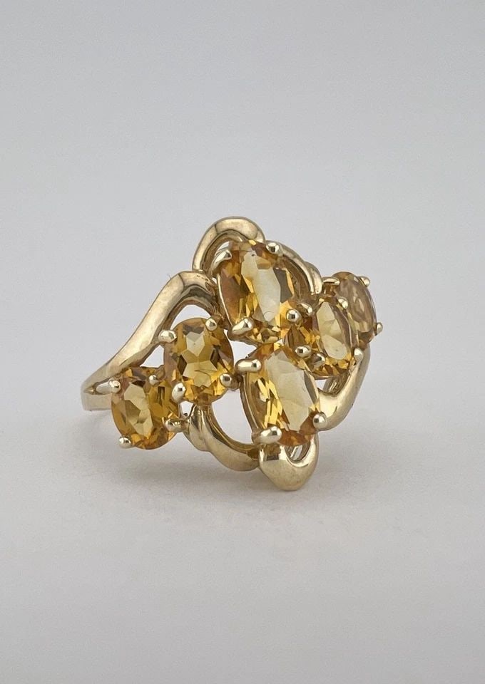 DESIGNER 10K YELLOW GOLD NATURAL OVAL GOLDEN CITRINE CLUSTER WOMEN'S RING (1 of 2)