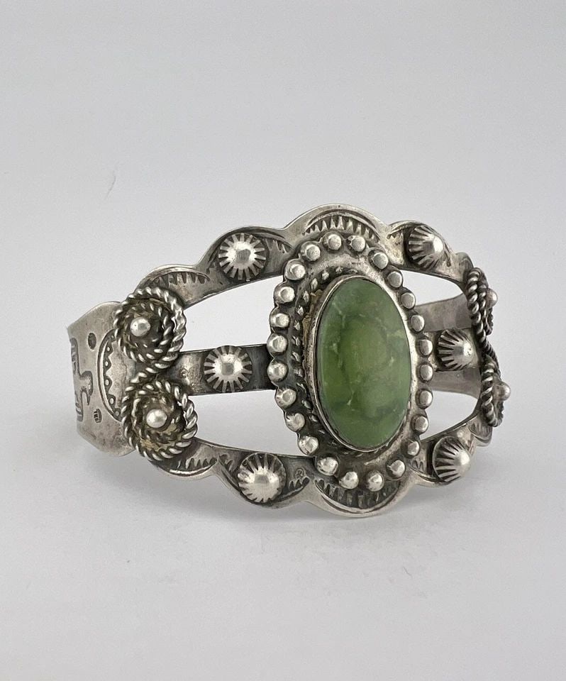 1940 FRED HARVEY NAVAJO STERLING SILVER CERRILLOS TURQUOISE THUNDERBIRD BRACELET (1 of 1)