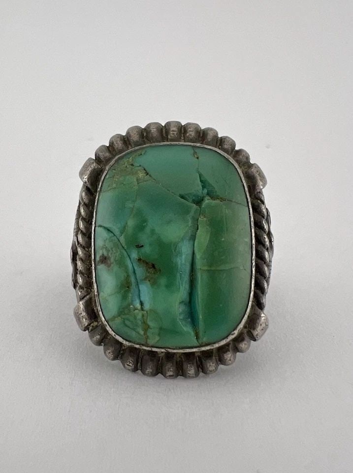OLD NAVAJO INGOT STERLING SILVER DARK GREEN TURQUOISE HORSE MEN'S RING 19.5G (1 of 1)