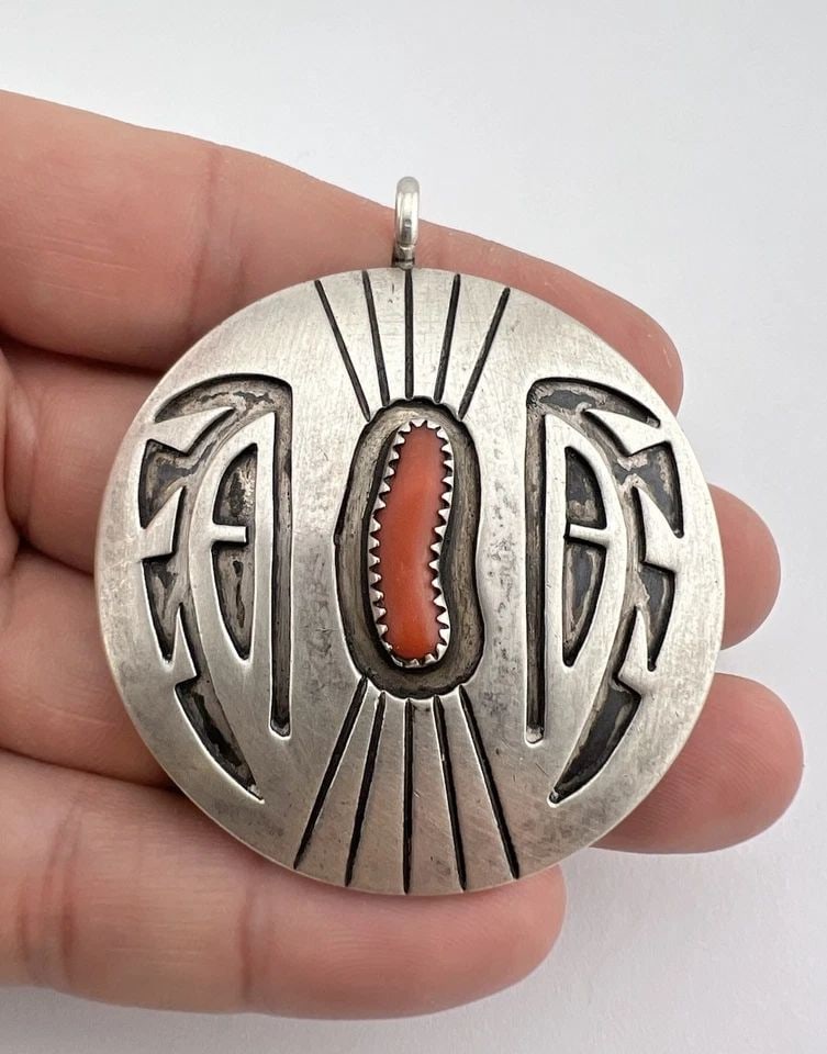 VTG HOPI STERLING SILVER TURQUOISE & CORAL REVERSIBLE OVERLAY PENDANT 2.25": VTG HOPI STERLING SILVER TURQUOISE & CORAL REVERSIBLE OVERLAY PENDANT 2.25" Vtg Hopi Sterling Silver Turquoise & Coral Reversible Double Sided Overlay Pendant 2.25" Size: Slightly Over 2 1/4" Tall Wit