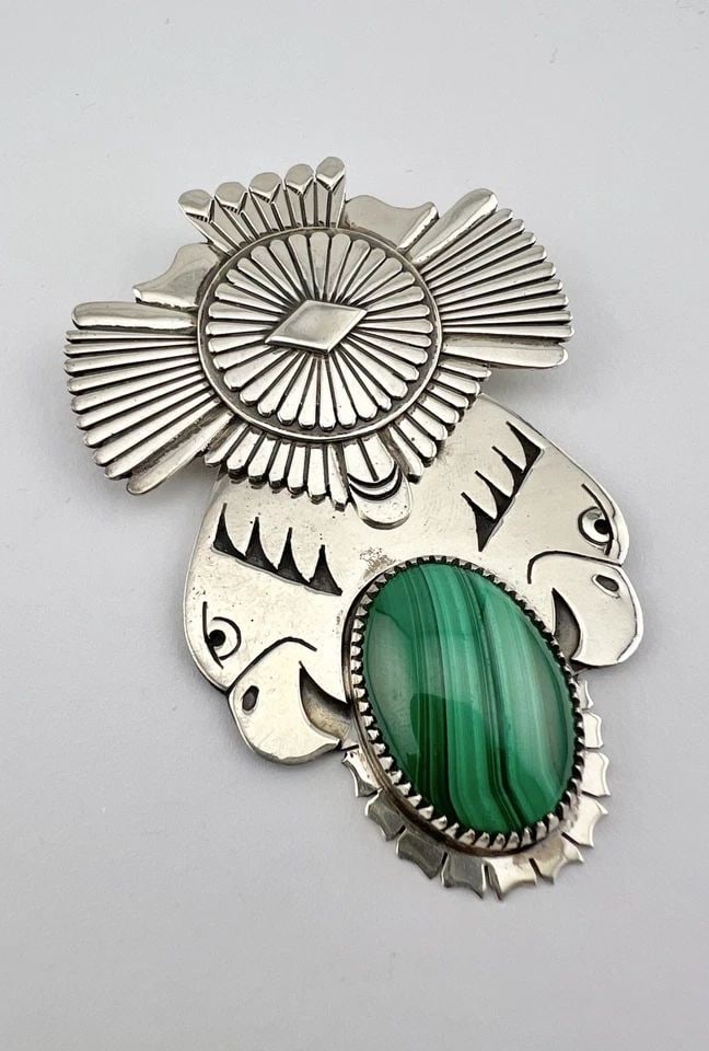VTG EDDY CHACO NAVAJO STERLING SILVER MALACHITE STAMPED EAGLE PIN PENDANT 3.25" (1 of 1)