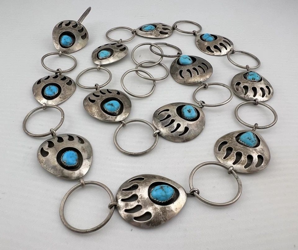 VTG NAVAJO STERLING SILVER TURQUOISE SHADOWBOX BEAR PAW CONCHO BELT 31.5"-74.5G (1 of 2)