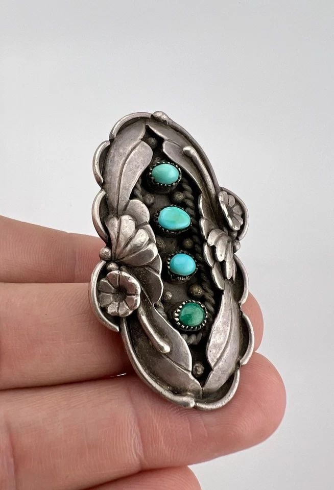 HUGE VTG NAVAJO STERLING SILVER ROYSTON TURQUOISE DETAILED STAMPED RING 2 1/8" (1 of 1)