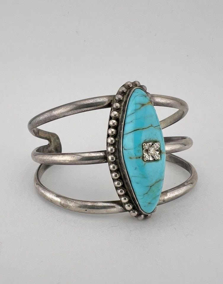VINTAGE NAVAJO STERLING SILVER KINGMAN TURQUOISE & DIAMOND CUFF BRACELET 40G (1 of 2)