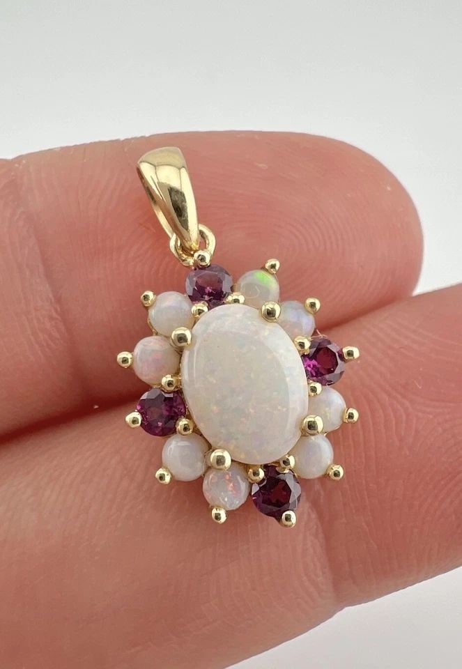 DESIGNER 14K YELLOW GOLD AUSTRALIAN FIRE BOULDER OPAL & RUBY DANGLE HALO PENDANT (1 of 1)