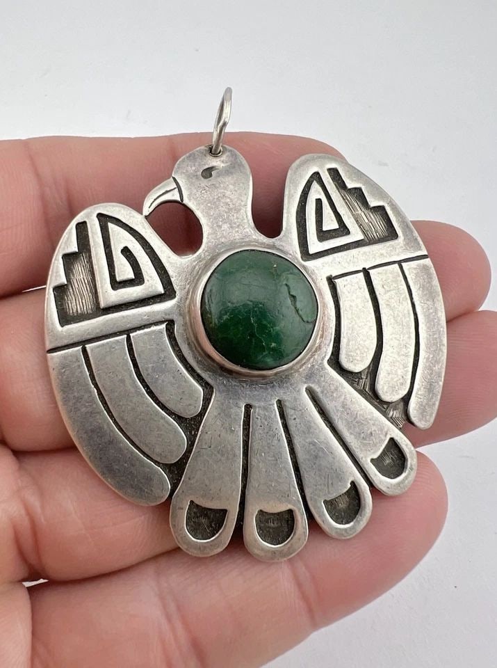 HUGE FRED HARVEY NAVAJO STERLING SILVER CERRILLOS TURQUOISE THUNDERBIRD PENDANT: HUGE FRED HARVEY NAVAJO STERLING SILVER CERRILLOS TURQUOISE THUNDERBIRD PENDANT Early Fred Harvey Era Navajo Sterling Silver Cerrillos Turquoise Thunderbird Pendant Size: 2 3/8" Tall With Bail by 2 1/