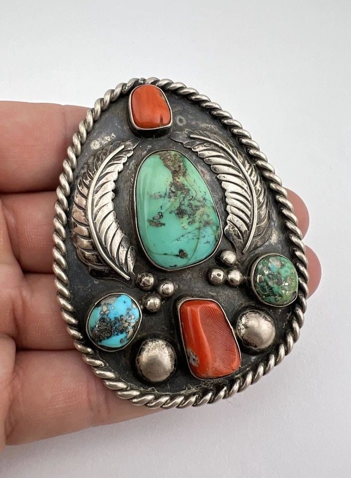 VTG NAVAJO STERLING SILVER KINGMAN TURQUOISE & CORAL OVERLAY TEARDROP PENDANT 3": VTG NAVAJO STERLING SILVER KINGMAN TURQUOISE & CORAL OVERLAY TEARDROP PENDANT 3" Vtg Navajo Sterling Silver Kingman Turquoise & Coral Overlay Teardrop Pendant 3" Size: 3" Tall & 2 3/8" Wide Weight is 