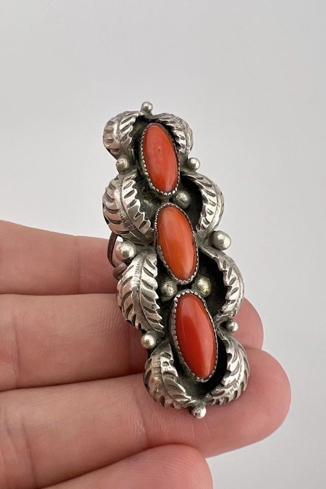 HUGE VTG NAVAJO STERLING SILVER CORAL SHADOWBOX STAMPED FEATHER LONG RING 2.25": HUGE Vtg Navajo Sterling Silver Coral Shadowbox Stamped Feather Long Ring 2.25" Ring Size: 7.25 - Can be Resized Ring Is 2 1/4" Wide In the Center By About 1" Wide Weight is 15.5 Grams on my scale Tes