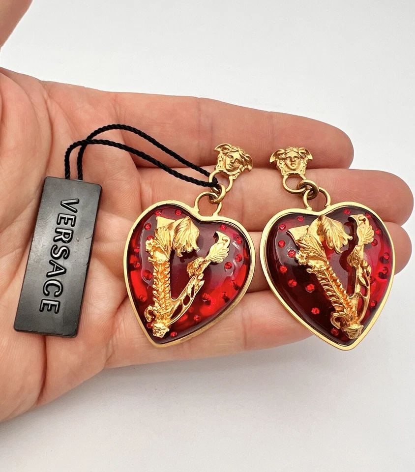 NEW VERSACE MEDUSA HEAD V RED ENAMEL HEART RUNWAY STATEMENT PIERCED EARRINGS: NEW VERSACE MEDUSA HEAD V RED ENAMEL HEART RUNWAY STATEMENT PIERCED EARRINGS NEW Versace Medusa Head V Red Enamel Heart Runway Statement Pierced Earrings Size: 2 1/4" Tall With Dangle By Over 1 1/4" W