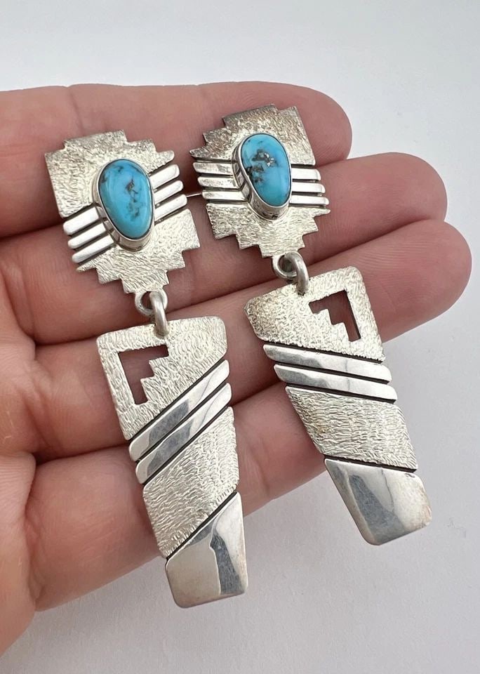 VTG TONEY MITCHELL NAVAJO STERLING SILVER BISBEE TURQUOISE DANGLE EARRINGS 2.75": VTG TONEY MITCHELL NAVAJO STERLING SILVER BISBEE TURQUOISE DANGLE EARRINGS 2.75" HUGE Vtg Toney Mitchell Navajo Sterling Silver Bisbee Turquoise Dangle Earrings 2.75" Size: 2 3/4" Tall With Dangle & 3