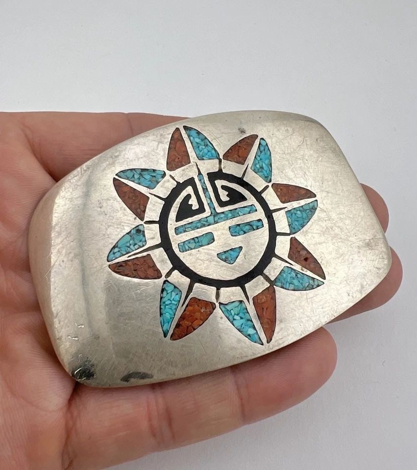 VTG NAVAJO STERLING SILVER TURQUOISE CORAL CHIP INLAY SUNFACE BELT BUCKLE 72.3G: VTG NAVAJO STERLING SILVER TURQUOISE CORAL CHIP INLAY SUNFACE BELT BUCKLE 72.3G Vtg Navajo Sterling Silver Turquoise Coral Chip Inlay Sunface Belt Buckle 72.3g Size: 3 1/8" Wide By 2 1/8" Tall Weight 