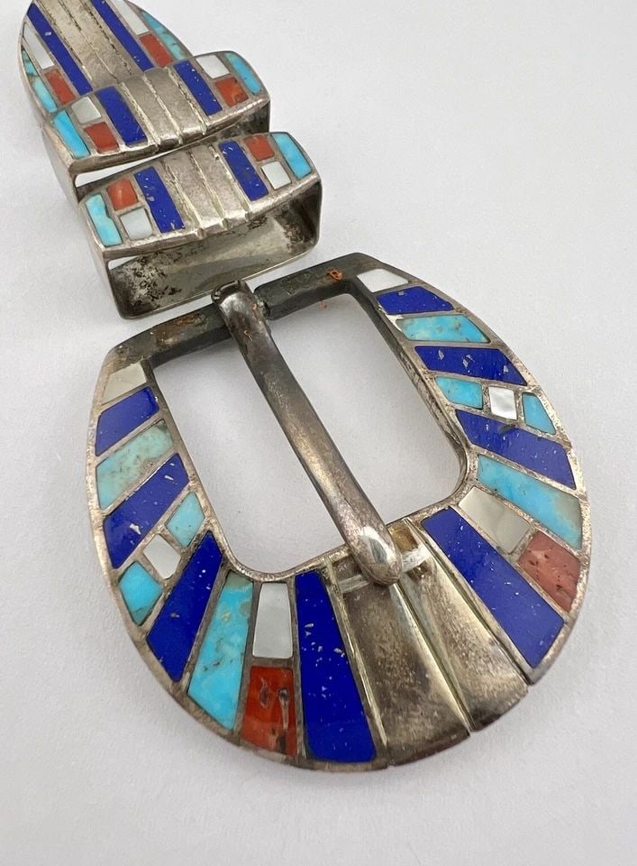 VTG ZUNI STERLING SILVER TURQUOISE CORAL LAPIS MOP RANGER 4 PIECE BELT BUCKLE: VTG ZUNI STERLING SILVER TURQUOISE CORAL LAPIS MOP RANGER 4 PIECE BELT BUCKLE Vtg Zuni Sterling Silver Turquoise Coral Lapis MOP Ranger 4 Piece Belt Buckle Buckle Size: 1 1/2" Tall By 1 5/8" Wide Slid