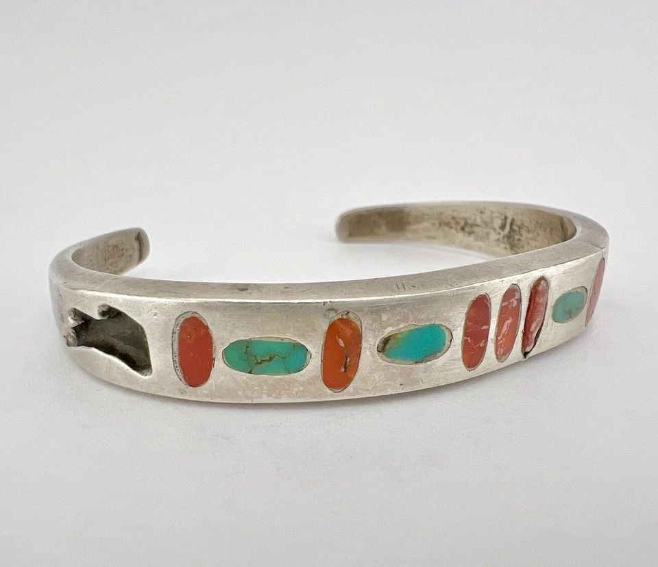 EARLY OLD ZUNI INGOT STERLING SILVER TURQUOISE & CORAL INLAY CUFF BRACELET: Early Old ZUNI Ingot Sterling Silver Turquoise & Coral Inlay Cuff BraceletCuff is 5 1/4" tip to Tip and has a 1 1/4" Gap Cuff Is 3/8" Wide Weight is 30.5 Grams on my scale Test Positive For Sterling S
