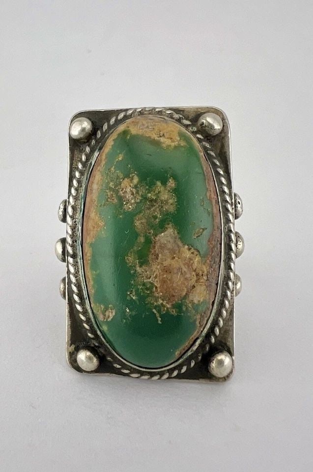 EARLY 1940S NAVAJO DEAD PAWN STERLING SILVER CERRILLOS TURQUOISE STAMPED RING: EARLY 1940S NAVAJO DEAD PAWN STERLING SILVER CERRILLOS TURQUOISE STAMPED RING LARGE Early 1940s Navajo Dead Pawn Sterling Silver Cerrillos Turquoise Stamped Ring Ring Size: 9 - Can Be Resized Weight i