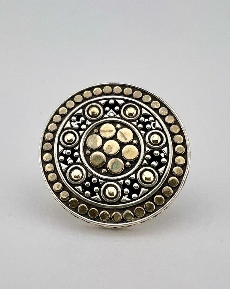 JOHN HARDY STERLING SILVER & 18K GOLD JAISALMER LARGE DOT ROUND DISK RING: John Hardy Sterling Silver & 18k Gold Jaisalmer Large Dot Round Disk Ring Ring Size: 8- Can Be Resized Weight is 20.5 Grams on my scale Test Positive For Sterling Silver Ring is Over 1 1/4" Wide Amazi