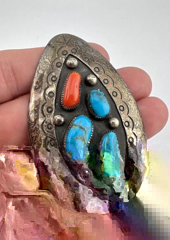 NAVAJO STERLING SILVER KINGMAN TURQUOISE CORAL STAMPED TEARDROP PENDANT 2.75": NAVAJO STERLING SILVER KINGMAN TURQUOISE CORAL STAMPED TEARDROP PENDANT 2.75" Vtg Navajo Sterling Silver Kingman Turquoise Coral Stamped Teardrop Pendant 2.75" Size: 2 3/4" Tall & 1 3/4" Wide Weight i