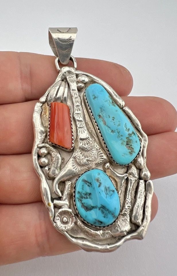 HENRY KING NAVAJO STERLING SILVER SLEEPING BEAUTY TURQUOISE CORAL PENDANT 3.25": HENRY KING NAVAJO STERLING SILVER SLEEPING BEAUTY TURQUOISE CORAL PENDANT 3.25" Vintage Henry King Navajo Sterling Silver Sleeping Beauty Turquoise Coral Pendant 3.25" Size: Around 3 1/4" Tall With ba