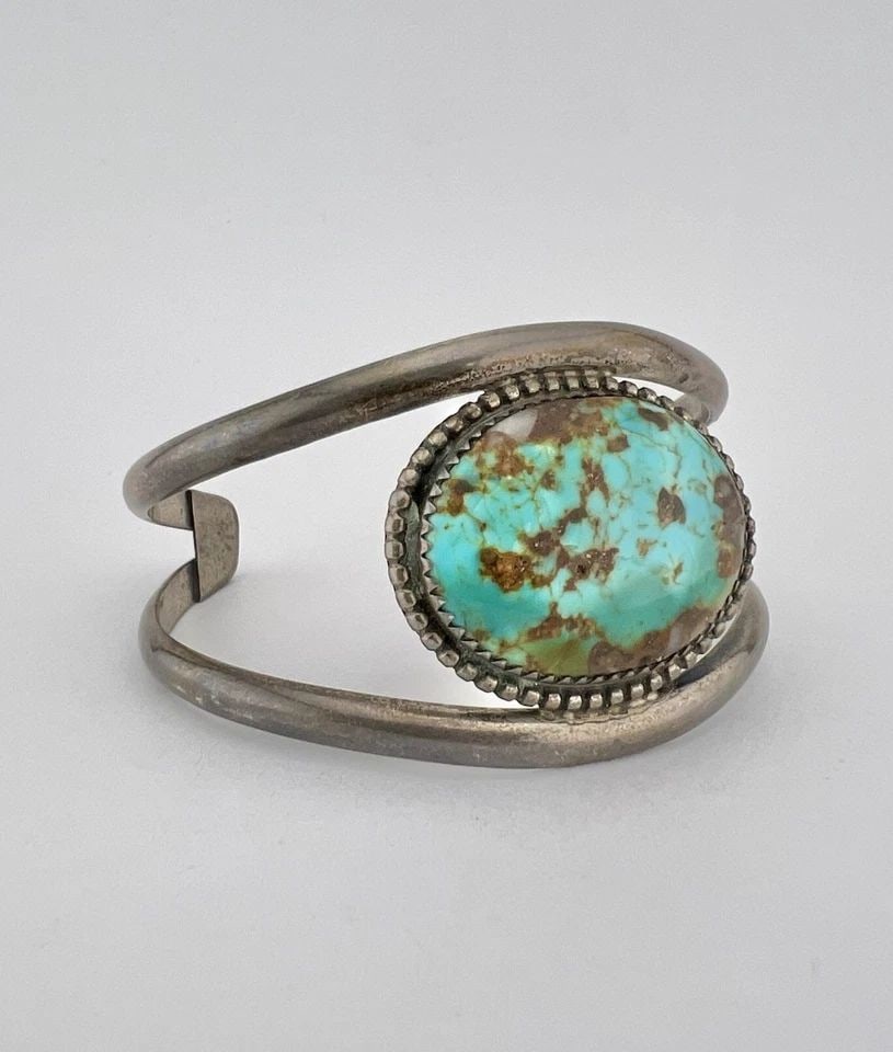VINTAGE HARRY BERT HOPI / NAVAJO STERLING SILVER ROYSTON TURQUOISE CUFF BRACELET: Vintage Harry Bert Hopi / Navajo Sterling Silver Royston Turquoise Cuff Bracelet Cuff is Just Under 4 3/4" tip to Tip and has a 1 1/8" Wide Adjustable Gap Cuff Is 1 1/4" Wide In the Center Weight is 2