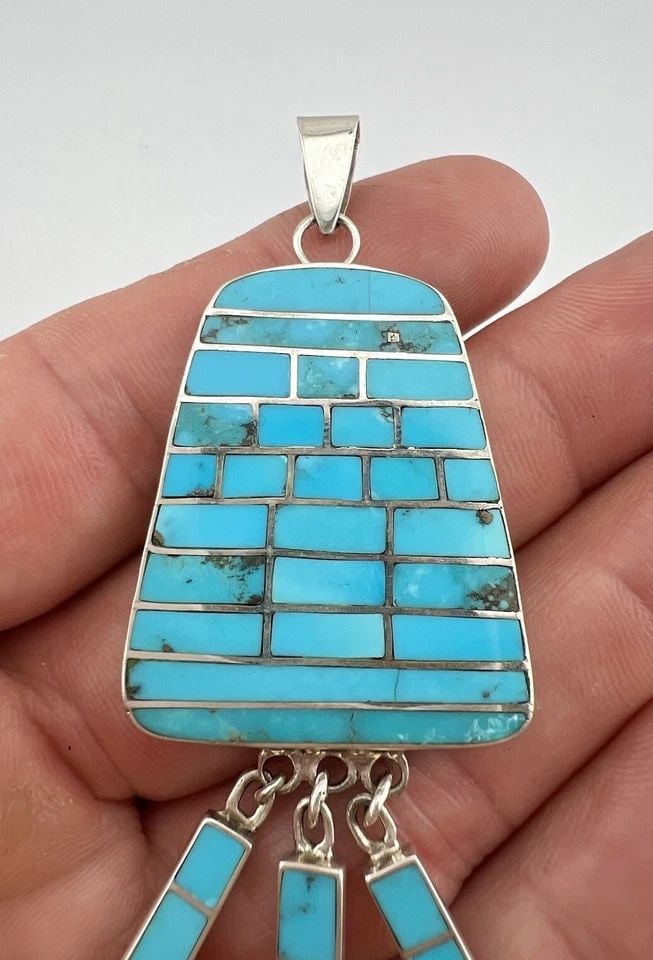 VTG NAVAJO STERLING SILVER TURQUOISE FLUSH INLAY CHANDELIER DANGLE PENDANT 3.75": VTG NAVAJO STERLING SILVER TURQUOISE FLUSH INLAY CHANDELIER DANGLE PENDANT 3.75" Vtg Navajo Sterling Silver Turquoise Flush Inlay Chandelier Dangle Pendant 3.75" Size: 3 3/4" Tall With bail by Around 
